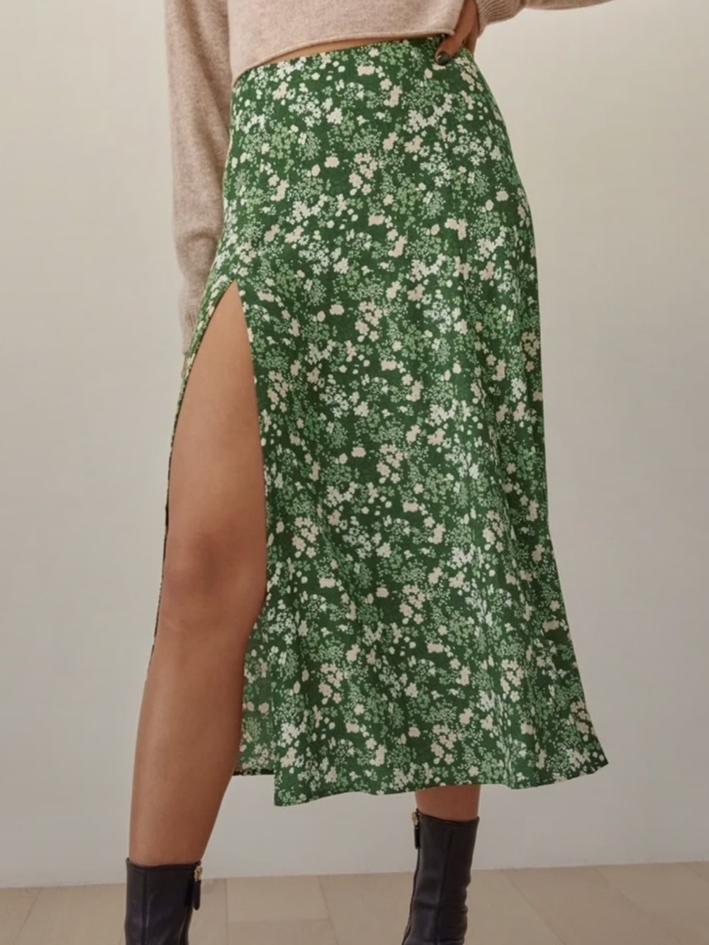 Reformation Green Floral Side-Slit Midi Skirt
